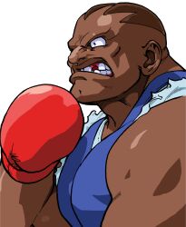 1boy absurdres angry balrog_(street_fighter) bengus black_hair boxing_gloves dark-skinned_male dark_skin game_cg gums highres male_focus missing_tooth muscular muscular_male non-web_source official_art open_mouth portrait short_hair shorts simple_background solo street_fighter street_fighter_zero_(series) tank_top teeth torn_clothes upper_body white_background
