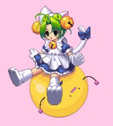 Rule 34 | 1girl, ahoge, animal hat, apron, bell, blue dress, bow, cat hat, cat tail, curtained hair, dejiko, di gi charat, dress, gema, gloves, green hair, gremliin, hat, jingle bell, looking at viewer, neck bell, open mouth, pink background, pixel art, puffy short sleeves, puffy sleeves, short hair, short sleeves, simple background, sitting, solo, tail, tail bow, tail ornament, white apron, white gloves