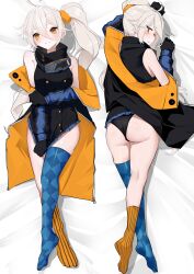 Rule 34 | 1girl, absurdres, ahoge, ass, black gloves, black panties, blue thighhighs, blush, checkered thighhighs, closed mouth, commentary request, double dakimakura (medium), full body, girls&#039; frontline, gloves, hair between eyes, hair ornament, hair scrunchie, highres, jacket, long hair, looking back, lying, multiple views, off shoulder, on back, on stomach, open clothes, open jacket, orange eyes, orange scrunchie, panties, pkp (girls&#039; frontline), scrunchie, side ponytail, single sock, single thighhigh, smile, socks, striped clothes, striped socks, thighhighs, underwear, vertical-striped clothes, vertical-striped socks, yanagui yugi, yellow socks