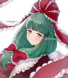 1girl bow frilled_bow frilled_ribbon frills front_ponytail green_eyes green_hair hair_bow hair_ribbon hiwokawa kagiyama_hina looking_at_viewer red_bow red_ribbon ribbon smile solo touhou twitter_username white_background
