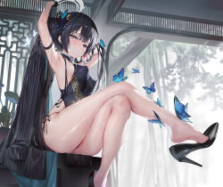 Rule 34 | 1girl, absurdres, arm strap, armpit crease, armpits, arms up, black footwear, black gloves, black hair, blue archive, blue nails, blush, breasts, bug, butterfly, butterfly hair ornament, china dress, chinese clothes, commentary, crossed legs, daefny, dress, english commentary, from below, from side, gloves, grey eyes, hair ornament, half-closed eyes, high heels, highres, insect, kisaki (blue archive), long hair, looking at viewer, looking down, looking to the side, medium breasts, nail polish, panties, parted lips, shoe dangle, side-tie panties, single glove, sitting, sleeveless, sleeveless dress, sweat, thick thighs, thighs, underwear