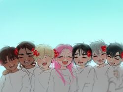3girls 4boys alien_stage black_hair blonde_hair brown_hair closed_eyes colored_eyelashes commentary dark-skinned_female dark-skinned_male dark_skin flower glasses grey_hair hair_flower hair_ornament hashtag-only_commentary highres hyuna_(alien_stage) hyunwoo_(alien_stage) ivan_(alien_stage) long_hair luka_(alien_stage) mizi_(alien_stage) multiple_boys multiple_girls naa_kamui open_mouth pink_hair red_flower shirt short_hair smile sua_(alien_stage) till_(alien_stage) very_short_hair white_shirt