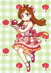 1girl animated animated_gif antenna_hair apple blinking bow brown_hair checkered_background dress floating floating_hair food frilled_dress frills fruit hair_bow holding holding_food holding_fruit idolmaster idolmaster_cinderella_girls long_hair oyuzaki_(ayuzaki) pixel_art red_eyes ringorou_(idolmaster) solo tsujino_akari