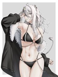 1girl absurdres ahoge animal_ears bare_shoulders bikini black_bikini black_jacket breasts choker cleavage closed_mouth cowboy_shot ear_piercing fur-trimmed_jacket fur_trim grey_background grey_eyes grey_hair groin hair_between_eyes hand_in_own_hair hand_up highres hololive jacket lion_ears lion_girl lion_tail lollipop_in_mouth looking_at_viewer medium_breasts navel o-ring o-ring_bikini outline piercing ryou_(monstercat_nc42) shishiro_botan solo swimsuit tail virtual_youtuber white_outline