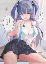 absurdres aramocyaillust black_panties black_skirt blue_archive blue_necktie blush bra_visible_through_clothes hair_ornament highres long_hair necktie on_table open_clothes open_mouth open_shirt panties pleated_skirt purple_eyes purple_hair shirt skirt table triangle_hair_ornament twintails underwear undone_necktie white_shirt yuuka_(blue_archive)