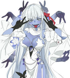 1girl absurdres black_gloves blue_eyes blue_flower blue_skin breasts colored_skin double_v dress extra_arms fangs fate/grand_order fate_(series) flower gloves highres kaigan0211 kali_(fate) kali_(fgo_fes._2025)_(fate) large_breasts long_hair snake snake_wrapped_around_arm tongue tongue_out v white_background white_dress white_hair