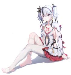 Rule 34 | 1girl, absurdres, arm warmers, barefoot, black eyes, breasts, camellya (wuthering waves), center opening, closed mouth, dress, highres, knees up, long hair, looking at viewer, multicolored hair, navel, sideless dress, simple background, single leg pantyhose, sitting, small breasts, smile, solo, stirrup legwear, streaked hair, toeless legwear, toes, twintails, white background, white dress, white hair, wuthering waves, zapik