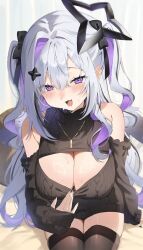 amane_konata bare_shoulders black_halo black_sleeves black_thighhighs blush breasts cleavage cleavage_cutout clothes_pull clothing_cutout detached_sleeves halo highres hololive large_breasts melcham_15 purple_eyes purple_hair simple_background sitting star_halo sweater sweater_pull thighhighs two_side_up virtual_youtuber white_background