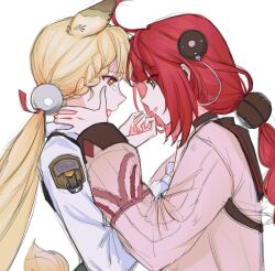 2girls alice_thymefield animal_ears blonde_hair eye_contact green_eyes hair_between_eyes highres long_hair looking_at_another multiple_girls open_mouth red_eyes red_hair sidelocks simple_background smile ukinami_yuzuha upper_body white_background yuri zenless_zone_zero zhuyuan_mom