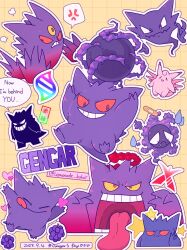 Rule 34 | ^ ^, alternate color, anger vein, annoyed, arms up, artist name, bags under eyes, bandaid, berry (pokemon), black eyes, blank eyes, bluk berry, blush, character cutout, character name, clefable, closed eyes, closed mouth, colored sclera, cropped torso, dated, dynamax, english text, evolutionary line, fangs, floating, gastly, gen 1 pokemon, gengar, gigantamax, gigantamax gengar, grid background, grin, hand up, happy, haunter, heart, highres, japanese text, lemonade kokoi, licking lips, light blush, long tongue, looking down, mega evolution symbol, mega gengar, mega pokemon, mixed-language text, nintendo, nose blush, outline, pokemon, pokemon (creature), pokemon move, puff of air, red eyes, red sclera, sad, shadow ball (pokemon), shiny and normal, shiny pokemon, signature, skin fangs, smile, smoke, solid oval eyes, speech bubble, spoken anger vein, standing, star (symbol), sweatdrop, talking, tears, teeth, tongue, tongue out, translation request, twitter username, v, white outline, yellow background