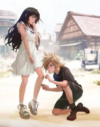 1boy 1girl aged_down black_hair black_shirt black_skirt blonde_hair blouse blue_eyes blush cloud_strife dress final_fantasy final_fantasy_vii final_fantasy_vii_remake full_body hand_to_own_mouth highres house injury long_hair low_ponytail nibelheim on_one_knee outdoors ponytail red_eyes sandals shirt shoes shorts skirt socks spiked_hair spykeee squatting tifa_lockhart town twitter_username white_dress