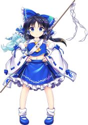 2girls aged_down alternate_color ascot black_hair blue_bow blue_eyes blue_shoes blue_skirt bow character_name child closed_mouth frilled_bow frilled_hair_tubes frilled_skirt frills game_cg gohei grin hair_bow hair_tubes hakurei_reimu hakurei_reimu_(god-summoning_shaman) hands_on_own_hips highres horns ibuki_suika long_hair looking_at_viewer mary_janes multiple_girls navel official_art rotte_(1109) shoes skirt skirt_set smile socks third-party_source touhou touhou_lostword transparent_background white_socks yellow_ascot