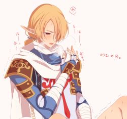 1boy androgynous blonde_hair blush breath cum dated genderswap genderswap_(ftm) heavy_breathing implied_masturbation long_pointy_ears miri_(cherryjelly) nintendo open_mouth out-of-frame_censoring pointy_ears scarf sheik simple_background solo the_legend_of_zelda the_legend_of_zelda:_ocarina_of_time white_background