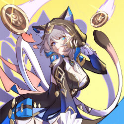 1girl :3 :p absurdres animal_ear_fluff animal_ears animal_hood bent_over black_gloves black_jacket blue_eyes breasts cat_ears cat_girl cat_hood cat_tail cipher_(honkai:_star_rail) cleavage coin commentary ears_through_headwear fingerless_gloves glint gloves gold_coin gold_trim grey_hair hair_between_eyes hand_up hapwind highres holding holding_coin honkai:_star_rail honkai_(series) hood hood_up hooded_jacket jacket large_breasts long_sleeves looking_at_viewer pouch short_hair sideways_glance solo tail thigh_pouch thighs tongue tongue_out turning_head yellow_background