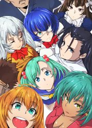 2boys 6+girls aqua_eyes aqua_hair blonde_hair blue_hair breasts brown_hair chouun_shiryuu cleavage dark_skin dark-skinned_female earrings eyepatch green_eyes haiboku highres ikkitousen jewelry kakouen_myousai large_breasts long_hair looking_at_viewer magatama magatama_earrings multiple_boys multiple_girls red_eyes ryofu_housen ryomou_shimei school_uniform serafuku shokatsuryou_koumei short_hair skirt ten&#039;i_(ikkitousen) twintails white_hair zhuge_liang