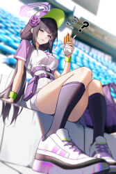 1girl ? absurdres baseball_cap black_hair black_socks blue_archive blush breasts commentary_request dong_(art_woodong) english_text flower hair_flower hair_ornament halo hat highres kneehighs large_breasts long_hair low_twintails official_alternate_costume purple_eyes purple_flower purple_halo shirt short_sleeves shorts socks stadium sumire_(blue_archive) sumire_(part-time)_(blue_archive) thighs twintails white_shirt