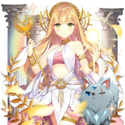 1girl blonde_hair blunt_bangs dog gold_tiara green_eyes holding holding_wand lina_princella long_hair looking_at_viewer pillar salt_(salty) uchi_no_hime-sama_ga_ichiban_kawaii very_long_hair wand