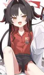 1girl :3 :d absurdres black_hair black_horns black_shorts black_tail blue_archive blush coat coat_partially_removed collared_shirt commentary demon_horns fang hair_intakes halo highres horns kasumi_(blue_archive) lab_coat long_hair long_sleeves open_mouth red_halo red_shirt rihitonn shirt shirt_tucked_in shorts simple_background skin_fang sleeves_past_fingers sleeves_past_wrists smile solo tail v-shaped_eyebrows white_background white_coat yellow_eyes