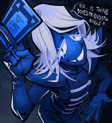 1boy absurdres angusburgers blue_skin card colored_skin deltarune highres holding holding_card jacket long_hair looking_at_viewer male_focus rouxls_kaard smile solo speech_bubble white_hair