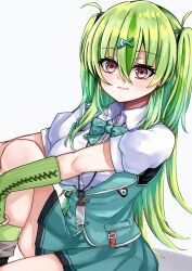 Rule 34 | 1girl, absurdres, breasts, bridal gauntlets, green hair, hair between eyes, hair ornament, heaven burns red, highres, large breasts, long hair, multicolored hair, ooshima isuzu, red eyes, siromochino, solo, two side up
