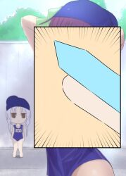 2girls angel_beats! arms_at_sides blue_one-piece_swimsuit blush bow character_name chibi chibi_inset closed_mouth commentary_request cowboy_shot cross-section day emphasis_lines expressionless green_bow hair_bow hand_sonic jitome lelie_(lelie_link) long_hair looking_at_another multiple_girls nakamura_yuri one-piece_swimsuit outdoors paid_reward_available purple_hair school_swimsuit standing swim_cap swimsuit tenshi_(angel_beats!) white_hair