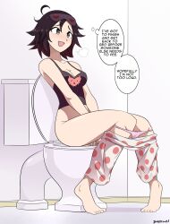 Rule 34 | 1girl, ahoge, barefoot, bathroom, black hair, black shirt, blush, bow, bow panties, breasts, breath, brown eyes, cleavage, clothes pull, collarbone, dangerking11, eyewear on head, gradient hair, heart, heart print, mask, masturbation, medium breasts, multicolored hair, open mouth, pajamas, panties, pants, pants pull, panty pull, pink bow, pink panties, polka dot, polka dot pants, print mask, print shirt, puff of air, red hair, roosterteeth, ruby rose, rwby, shirt, short hair, sitting, sleep mask, smile, speech bubble, sweat, tank top, thought bubble, toilet, two-tone hair, underwear, white pants