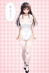 1girl apron bare_shoulders black_hair blush breasts breasts_apart brown_eyes cleavage collarbone cygnus_(cygnus7) full_body highres kotegawa_yui large_breasts legs long_hair maid_headdress naked_apron see-through_apron see-through_clothes shiny_skin shoes simple_background smile solo thighhighs thighs to_love-ru
