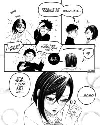 1boy 1girl ^^^ absurdres averting_eyes ayase_momo azezazel blush choker collared_shirt commentary dandadan earrings embarrassed english_commentary english_text flying_sweatdrops gakuran glasses greyscale hair_between_eyes highres jacket jewelry long_sleeves looking_at_another monochrome nervous_sweating open_mouth profile round_eyewear school_uniform shirt short_hair shy speech_bubble surprised sweat sweatdrop takakura_ken_(dandadan) twitter_username upper_body