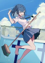 Rule 34 | 1girl, air guitar, ben-day dots, blue hair, blue skirt, blue sky, blunt bangs, brand name imitation, cellphone, chain-link fence, cleaning, cleaning brush, cleaning pool, closed eyes, cloud, collared shirt, contrail, dutch angle, earbuds, earphones, empty pool, fence, foot out of frame, green necktie, green trim, hair intakes, haruwo, highres, holding, holding brush, jumping, listening to music, medium hair, midair, necktie, open mouth, original, outdoors, phone, pleated skirt, pocari sweat, pool, pool ladder, school uniform, screentones, shade, shadow, shirt, short sleeves, skirt, sky, smartphone, solo, sweat, swept bangs, white shirt