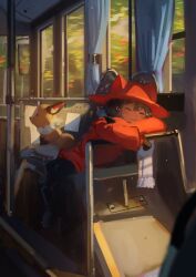 1girl 1other :t absurdres alternate_costume androgynous animal_ear_fluff animal_hat black_boots black_fur black_gloves black_pants blue_hair boots brown_coat brown_hat bus_interior cat_hat child closed_eyes closed_mouth coat commentary day english_commentary fox gloves hat highres long_sleeves making-of_available medium_hair neck_fur niko_(oneshot) oneshot_(game) orange_fur pants railing rue_(oneshot) shadches72 sitting sleeping white_fur