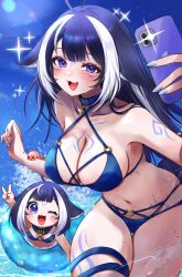 1girl absurdres ahoge arm_markings bikini black_hair blue_bikini blue_collar blush body_markings breasts cetacean_tail chibi cleavage collar criss-cross_halter dual_persona facial_mark fang fins fish_tail halterneck heart heart_ahoge highres holding holding_phone indie_virtual_youtuber innertube large_breasts long_hair looking_at_viewer multicolored_hair navel open_mouth orca_girl phone purple_eyes rabio_(labi555) shylily shylily_(bikini) streaked_hair string_bikini swim_ring swimsuit tail two-tone_hair v virtual_youtuber water white_hair