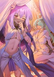 2girls absurdres alternate_costume aochoku aqua_eyes aqua_hair arm_up armpits atsuko_(blue_archive) bed_sheet blue_archive blush bracelet breasts bright_pupils cleavage commentary dancer fingernails gold_bracelet hair_between_eyes hair_over_one_eye halo harem_outfit highres hiyori_(blue_archive) jewelry large_breasts long_hair looking_at_viewer medium_breasts mouth_veil multiple_bracelets multiple_girls navel one_eye_closed open_mouth purple_hair red_eyes see-through_clothes see-through_veil sheet_grab smile stomach symbol-only_commentary veil white_pupils