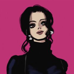 1girl black_hair brown_eyes closed_mouth earrings highres itstheenami jewelry looking_at_viewer nico_robin one_piece pink_background sidelocks simple_background solo turtleneck upper_body