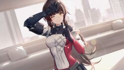 1girl arm_up bodysuit breasts brown_hair building couch dutch_angle game_cg headgear highres indoors lens_flare light long_hair medium_breasts morning naruse_haru_(snowbreak) official_art one_eye_closed snowbreak:_containment_zone solo third-party_source yellow_eyes