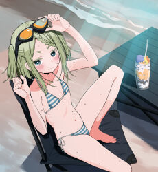 Rule 34 | 1girl, absurdres, adjusting eyewear, arm up, barefoot, beach, bikini, blush, braid, braided bangs, brown hair, chair, closed mouth, commentary request, day, drink, embarrassed, eyewear on head, flat chest, folding chair, foot out of frame, foot up, forehead, glass, hand up, highres, light rays, looking at viewer, navel, on chair, original, outdoors, petite, sand, side-tie bikini bottom, sitting, solo, stomach, string bikini, striped bikini, striped clothes, sunbeam, sunlight, sweat, swimsuit, table, two side up, urushiushiru, v-shaped eyebrows, water, wavy mouth, wooden table