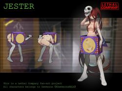 1girl ass bottomless breasts commentary copyright_name crank english_commentary english_text grey_thighhighs hair_censor hair_over_one_eye highres humanization jack-in-the-box jester_(lethal_company) kamitoge_supino large_breasts lethal_company long_hair looking_at_viewer mask mask_on_head midriff red_eyes red_hair skull_mask thighhighs topless_female twitter_username very_long_hair