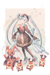1girl border bug_miku_(project_voltage) commentary_request dress evolutionary_line gen_4_pokemon hair_between_eyes hands_up hat hatsune_miku holding kricketot kricketune long_sleeves looking_at_viewer musical_note musical_staff nintendo pantyhose pokemon pokemon_(creature) project_voltage ryokuno_green shoes sidelocks standing twintails vocaloid white_border