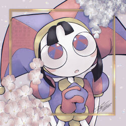 Rule 34 | 1girl, absurdres, asymmetrical gloves, blue eyes, blue gloves, blush stickers, brown hair, gloves, hat, highres, jester, jester cap, mismatched gloves, multicolored eyes, pomni (the amazing digital circus), red eyes, red gloves, short hair, solo, striped clothes, striped headwear, the amazing digital circus, tnka452, two-tone eyes, vertical-striped clothes, vertical-striped headwear
