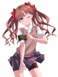 1girl ;) absurdres armband bow brown_hair brown_sweater_vest collared_shirt commentary_request cowboy_shot fingernails green_armband hair_bow highres judgement_armband_(toaru) long_hair needle one_eye_closed persimmon2 purple_eyes red_bow safety_pin school_emblem school_uniform shirai_kuroko shirt short_sleeves simple_background skirt smile solo summer_uniform sweater_vest thigh_strap toaru_kagaku_no_railgun toaru_majutsu_no_index tokiwadai_school_uniform twintails white_background white_shirt