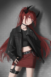 Rule 34 | 1girl, absurdres, arknights, belt, choker, crop top, delinquent, highres, horns, jacket, jewelry, looking at viewer, necklace, official alternate costume, purple eyes, red hair, red horns, skirt, surtr (arknights), surtr (liberte echec) (arknights), the other lilac
