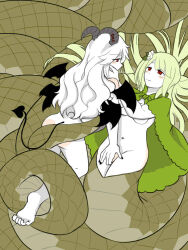 2girls black_nails blush bowtie cape carniccity closed_mouth colored_skin demon_girl demon_horns demon_tail demon_wings eye_contact feet fingering flower from_behind funamusea green_bow green_bowtie green_cape green_hair haiiro_teien hair_flower hair_ornament hand_on_another&#039;s_cheek hand_on_another&#039;s_face horn_piercing horns lamia long_hair looking_at_another monster_girl multiple_girls navel red_eyes reficul_(funamusea) sin_(funamusea) smile snake_girl source_request tail thighs very_long_hair white_flower white_hair white_skin wings yuri