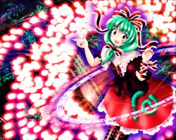 Rule 34 | 1girl, asayuba, boots, bow, curled fingers, danmaku, dress, front ponytail, green eyes, green hair, hair bow, hair ribbon, kagiyama hina, lace-up boots, long hair, looking at viewer, open mouth, pointing, ribbon, short sleeves, smile, solo, touhou, zun (style)