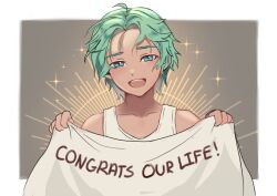 Rule 34 | 1boy, :d, banner, border, congratulations, cove holden, curtained hair, english text, excited, green eyes, green hair, grey background, grin, halo, head tilt, holding banner, looking at viewer, male focus, mellodrawmatic, open mouth, our life: beginnings and always, outside border, short hair, smile, solo, sparkle, sparkling eyes, swept bangs, tank top, teeth, upper body, upper teeth only, white border, white tank top