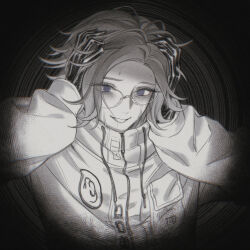 1boy 7nite @_@ absurdres aotsuki_eito arms_up breast_pocket chinese_commentary crazy crazy_eyes crazy_smile drawstring glasses gloves grey_hair hands_on_own_head highres jacket male_focus nervous_sweating pocket purple_eyes short_hair smile solo sweat the_hundred_line_-last_defense_academy- upper_body white_jacket