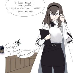 1girl absurdres adjusting_eyewear arknights black-framed_eyewear black_bow black_hairband black_pantyhose black_skirt bow brown_hair chibi clipboard closed_mouth coat commentary cowboy_shot crate diamond-shaped_pupils diamond_(shape) doctor_(arknights) english_commentary english_text glasses hairband highres holding holding_clipboard kal&#039;tsit_(arknights) long_sleeves looking_at_viewer medium_hair miniskirt mon3tr_(arknights) myticalcat open_clothes open_coat pantyhose pencil_skirt priestess_(arknights) purple_eyes schrodinger&#039;s_cat simple_background skirt smile solo speech_bubble split_mouth spoilers standing sweater symbol-shaped_pupils unfinished white_background white_coat white_sweater