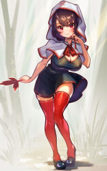 1girl black_dress breasts brown_hair cloak dress female_focus full_body highres hood hooded_cloak kaho_(momodora) leaf legs maple_leaf momochi_momotan momodora:_reverie_under_the_moonlight red_eyes red_thighhighs short_dress solo standing thighhighs zettai_ryouiki