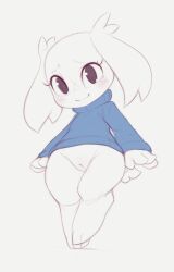 1girl animal_ears animal_feet arms_at_sides barefoot black_eyes blue_sweater blush bottomless cleft_of_venus closed_mouth doukutsu_monogatari female_focus flat_chest furry furry_female grey_background happy kekitopu legs_together loli long_sleeves looking_at_viewer partially_colored pussy raised_eyebrows sakamoto_sue short_tail shy simple_background sketch smile solo sweater tail thick_thighs thighs turtleneck turtleneck_sweater uncensored wavy_mouth wide_hips