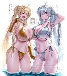 &gt;_&lt; 3girls :d absurdres ahoge ancient_greek_clothes arm_at_side arm_up armpit_crease armpits bikini blonde_hair blue_eyes blush breast_press breasts brown_hair choker cleavage closed_eyes collarbone commentary cowboy_shot criss-cross_halter dated double-parted_bangs eyes_visible_through_hair fang gloves gold_bikini gold_gloves greco-roman_clothes grey_hair hair_lift halterneck hand_on_own_hip hand_up head_wreath highres honest_axe huge_breasts index_finger_raised laurel_crown lens_flare light_blush long_hair looking_at_viewer minase_alice_(yayoi_maka) minase_eve_(yayoi_maka) mole mole_on_breast multiple_girls navel o-ring o-ring_bikini open_mouth original parody parted_lips peplos shiny_swimsuit side-tie_bikini_bottom sideboob silver_bikini silver_choker silver_gloves simple_background skin_fang smile standing stomach swept_bangs swimsuit symmetrical_docking thighs translated twintails underboob very_long_hair wading water watermark white_background yayoi_maka
