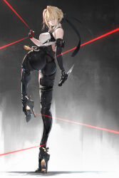 1girl absurdres ass bare_shoulders black_gloves black_pants blonde_hair blush breasts chest_harness choker collared_shirt earrings elbow_gloves evelyn_chevalier full_body gloves hair_ornament harness high-waist_pants high_heels highres holding holding_knife holding_weapon jewelry knife large_breasts looking_at_viewer medium_hair necktie pants purple_eyes shirt sleeveless sleeveless_shirt solo standing standing_on_one_leg tight_clothes tight_pants weapon white_shirt yu_pian zenless_zone_zero