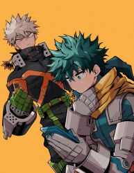 2boys arm_up bakugou_katsuki belt blonde_hair boku_no_hero_academia cellphone chiyaya closed_mouth collared_shirt covered_abs covered_pectorals freckles gauntlets gloves green_belt green_eyes green_hair hair_between_eyes highres holding holding_phone hood hood_down looking_at_phone male_focus midoriya_izuku multicolored_gloves multiple_boys pectorals phone popped_collar scarf shirt short_hair spiked_hair standing superhero_costume v-shaped_eyebrows yellow_scarf